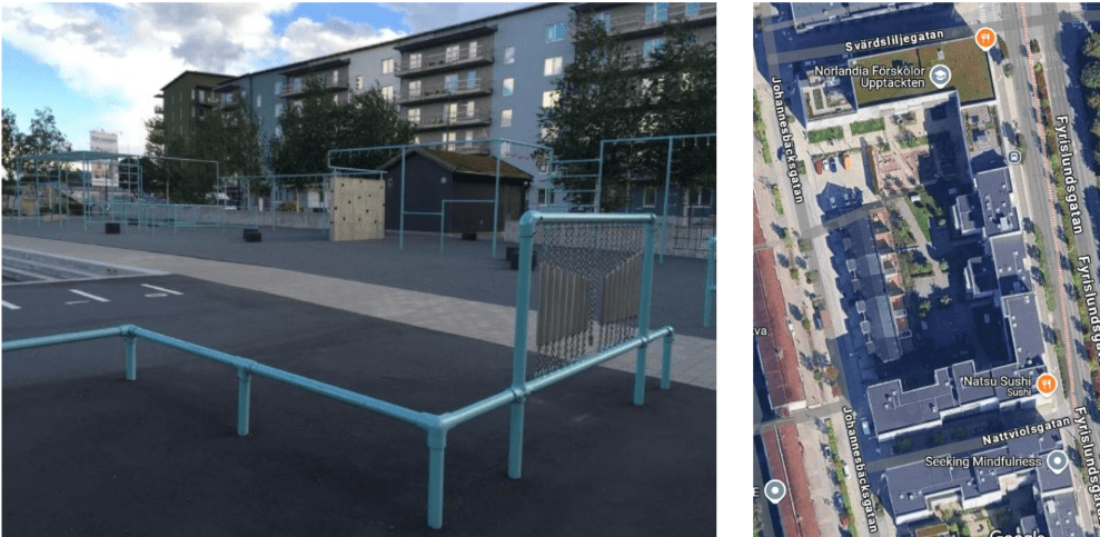 Bild från marken på Anna Petrus Park bredvid en satellitbild på parken.