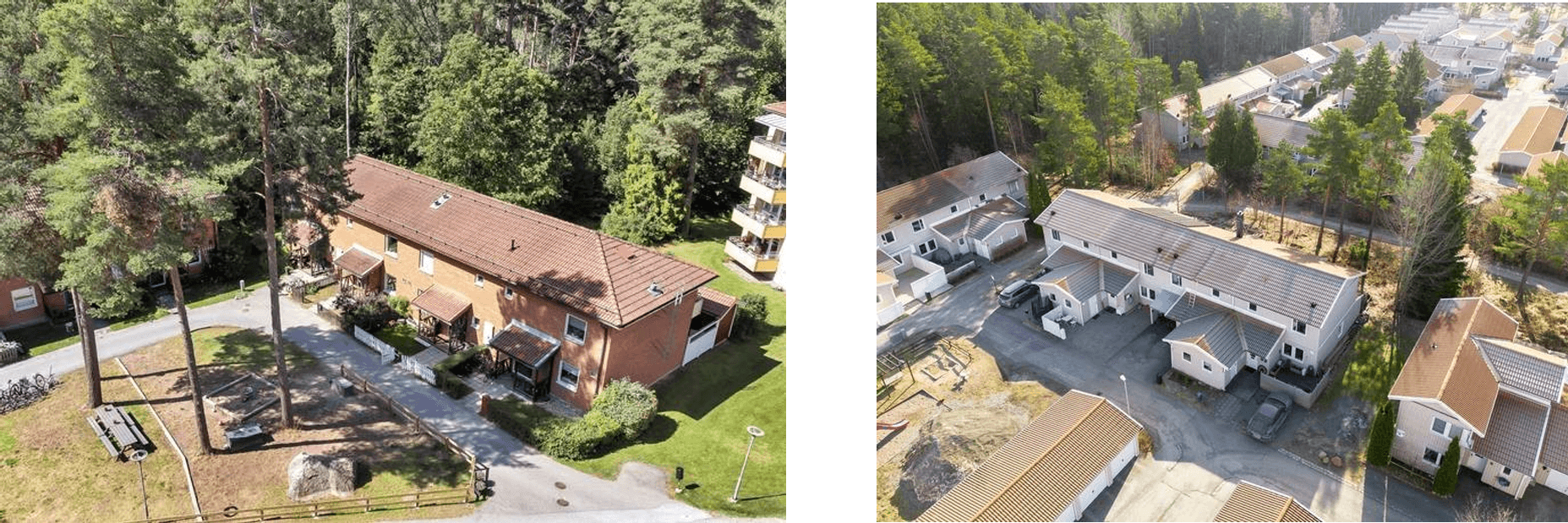 Foton från ovan på hus i Sävja med skuggande träd och vild natur nära husen.